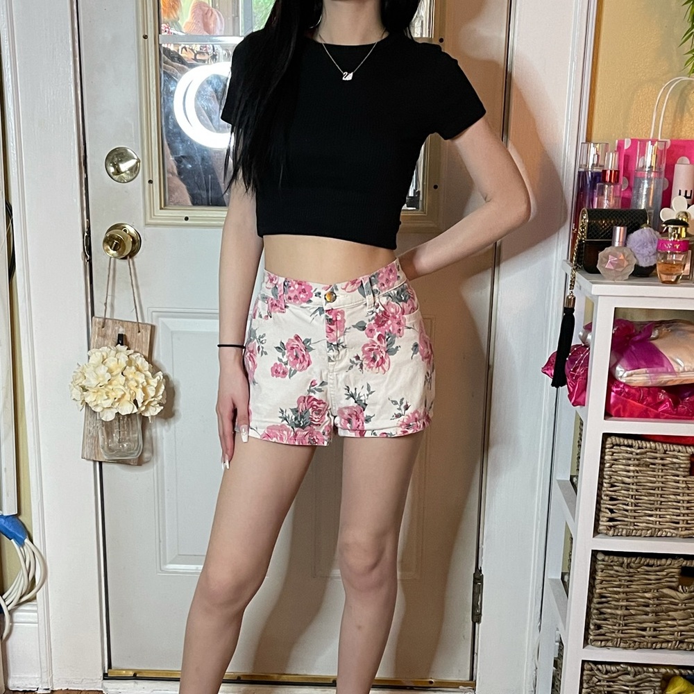 Floral High Waist Denim Shorts